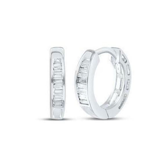 1/6cttw Baguette Diamond Earrings Hoop 925 Sterling Silver - Picture 1 of 2